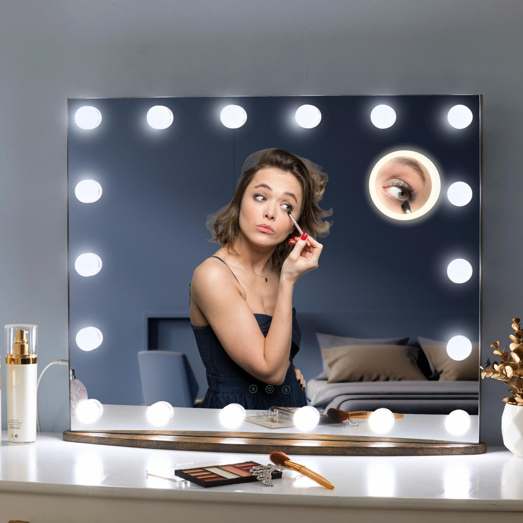 Large Vanity Mirror with 18 LED Bulbs -Tabletop & Wall Mounted (26Lx21W Rustic Brown)