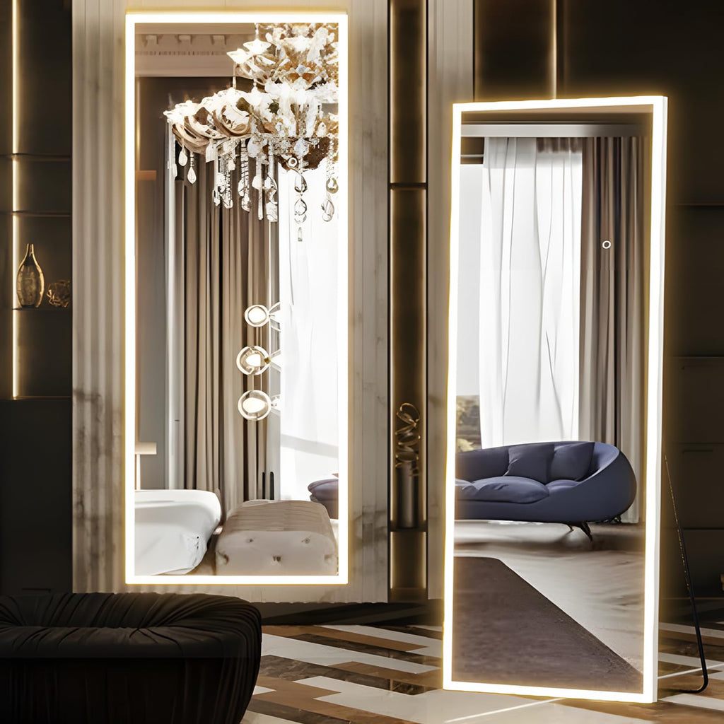 63x20 inches Full Length Mirror with Lights Wall Mounted 3 Color Lighting & Adjustable Brightness Modern Home Decor for Bedroom White